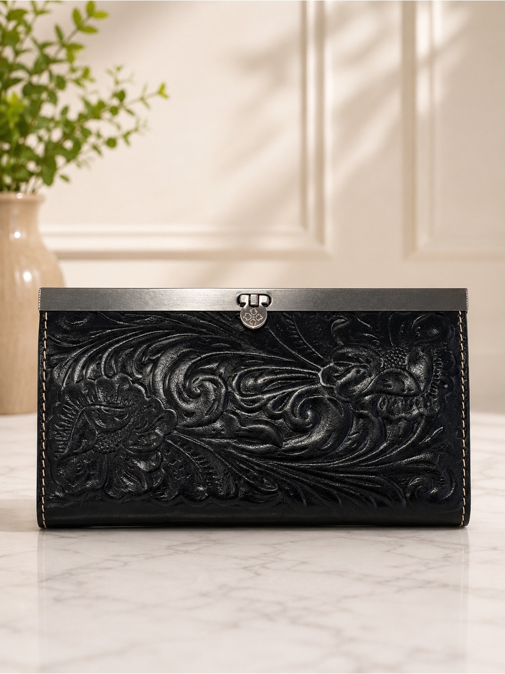 Patricia Nash Black Tooled Leather Wallet Clutch Embossed Organizer